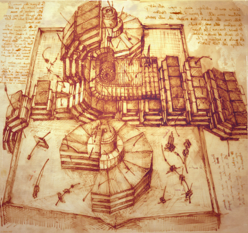 Il·lustració en què es veu l'experiment CMS de l'LHC com si l'hagués dibuixat Leonardo Da Vinci