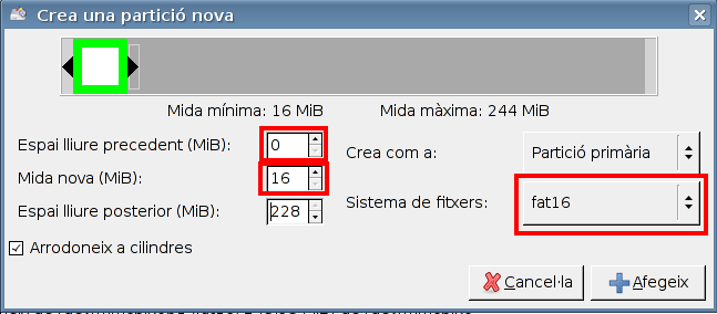 Diàleg nova partició a gparted