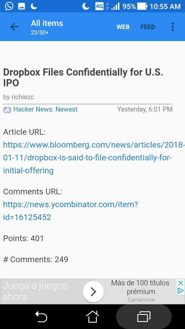 Anuncio en la aplicación News+ de Android, que me llevó hacia una URL que mostraba mi número de teléfono